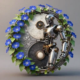 a beautiful fine art RPG portrait photo of a  mechanical industrial steampunk yin yang symbol, overgrown with morning glory flowers, montsera leaves by tom bagshaw and zach sutton, golden ratio composition, soft studio lighting, soft vignette, 50mm lens, very detailed, bionic, cybernetic scifi, deep depth of field, artstation, 8K