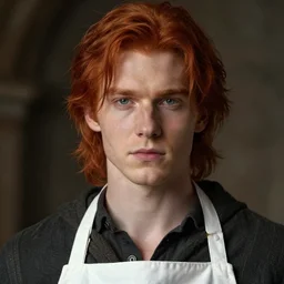 masterpiece closeup portrait of a young man with red hair in a white apron by Greg Rutkowski, 4k, masterpiece, cinematic, dungeons and dragons, detailed