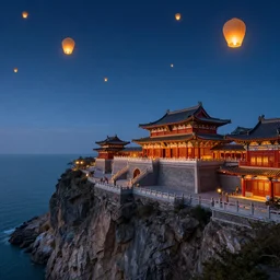 a majestic chinese palace stands on a cliff by the sea with beautiful sky lanterns flying in the night sky, trending on artstation, dreamy, fairy tale, expansive view, ultra wide angle, uhd, super resolution, massive scale.