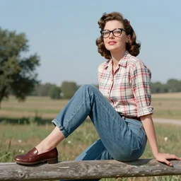 The image is of a woman in the 1950s posing on a fence. She is wearing penny loafers, rolled jeans and a plaid shirt. Her hair is styled in a classic 1950s style and she is wearing cat eye glasses. She looks like she is enjoying the sunny day and the view from her perch on the fence