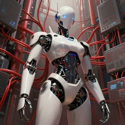 low angle shot of a cyberpunk robot character surrounded by red computer wires, intricate, elegant, highly detailed, centered, digital painting, artstation, concept art, smooth, sharp focus, illustration, artgerm, Tomasz Alen Kopera, Peter Mohrbacher, donato giancola, Joseph Christian Leyendecker, WLOP, Boris Vallejo