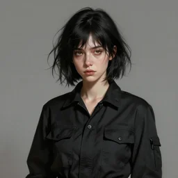 Portrait of a woman by Greg Rutkowski, she is about 30 years old, pretty, messy black bob hair, pale round face, tired eyes, she is wearing a black utilitarian jumper jumpsuit, highly detailed portrait, digital painting, artstation, concept art, smooth, sharp foccus ilustration, Artstation HQ.
