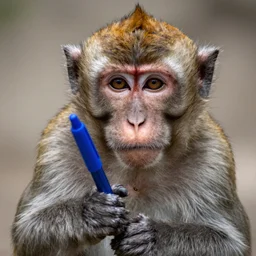 photograph of a monkey showing a blue pen towards the camera, 4 k, full hd, highly detailed, close up