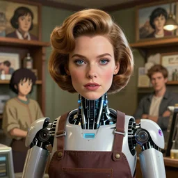 beauty filter. cybertronic led fembot. highly detailed portrait of phoebe cates as a robotic shopkeep with a retro hairstyle. screenshot from hbo westworld, norman rockwell, stephen bliss, 8 k, unreal engine, art by greg rutkowski, katsura masakazu, makoto shinkai, satoshi kon, global radiant illumination, detailed and intricate environment