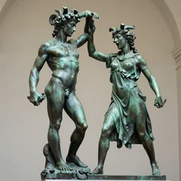 full body bronze sculpture of medusa and perseus shouting at each other, renaissance style, medusa in a green dress, sharp facial features, angry, professional photography, dynamic and dominating