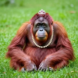 pink orangutan wearing a pearl necklace and a tiara sat in a field of grass. photograph 4 k