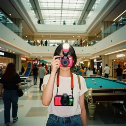 a weird place full of people but now empty with eerie feeling, disposable colored camera, camera flash, house, mall, hallway, playground, office, pool, interior, room, full of things