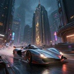a futuristic high speed chase down a brutalism looking city, dim neon lights, lens flare, epic, night life, heavy rain, deep focus, d & d, fantasy, intricate, elegant, highly detailed, digital painting, artstation, concept art, matte, sharp focus, illustration, hearthstone, art by artgerm and greg rutkowski and alphonse mucha