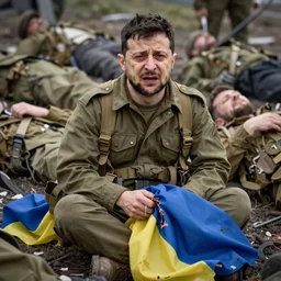 Volodymyr Zelensky at war,  dressed like  a Vietnam war American soldier ,  sitting on the ground between dead corpses , crying and weeping, holding a half burnt  flag of Ukraine, sharp focus, depth of field, hyper detailed, hyper realistic, High definition, by Annie Leibovitz
