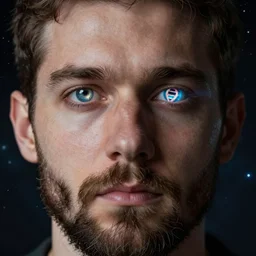 a bearded man’s face close up, deep space background, hyper realistic, his eyes reflect images of rings of DNA