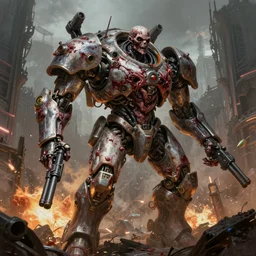 organic battlemech made out of bloody - zombie - flesh, in a cyberpunk gothic city hyper realistic sci - fi matte concept art painting of dramatic cinematic scene, guns, missiles, explosions, beautiful details, strong composition painted by kim jung guweta studio rutkowski, james gurney and greg rutkowski, and lucasfilm, smooth, intricate, detailed, sharp focus, cinematic