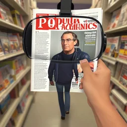 First-Person VR POV screenshot. Walking through an issue of Popular Mechanics magazine. Trending on Artstation. Lighting, colors, and shading by James Gurney.