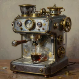 Beautiful steampunk mechanical coffee machine, detailed oil painting