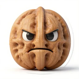 a stern round large walnut with two stern eyes and a mouth without a nose, looks with condemnation, white background, sticker