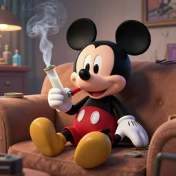 mickey mouse with stoned eyes smoking a bong while sitting on a couch, messed apartment, amazing digital art, highly detailed