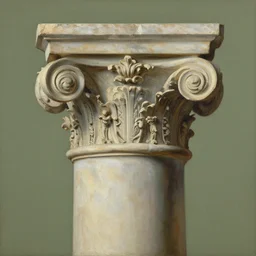 achingly beautiful painting of intricate ancient roman ionic capital on olive drab background by rene magritte, monet, and turner. giovanni battista piranesi.