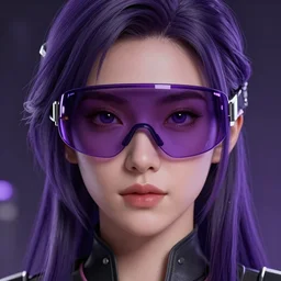 Close up portrait of a young Asian Cyberpunk woman with dark purple hair, she's wearing a purple visor, hyperdetailed, artstation, cgsociety, 8k
