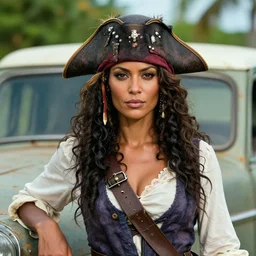 an award winning outdoors portrait photo of a 1 7 0 0 s dirty caribbean olive tanned pirate woman with black smooth hair, slightly big nose defined jaw, confident face, blue eyes, wearing a vest and ropes, sunset, movie color graded