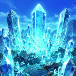 an enchanted neon anime inspired isekai crystals mines glowing ore, anime aesthetic, bright blue and cyan sky. by greg rutkowski, in the style of a grand adventure