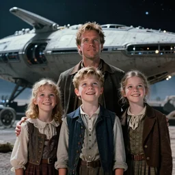 extremely sharply detailed, scan from blockbuster 9 9 k sci fi color movie freeze frame, set 1 8 6 0, family standing in front of crashed spaceship, on alien planet, looking happy, wearing 1 8 5 0 s era clothes, atmospheric lighting, in focus, reflective eyes, 9 9 9 9 9 mm macro lens, live action, nice composition and photography, clear facial details