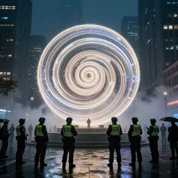 a lot of policemen protect a huge spiral - shaped luminous object right in the center of the city from protesting people, night, rain and light fog, professional lighting, concept art in 3 d, high detail, professional lighting