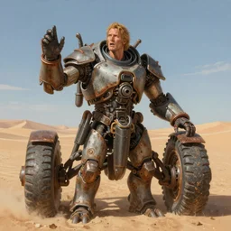 Portrait of Immortan Joe by Greg Rutkowski. He is making an announcement from his war rig in the desert by Mark Arian. It is bright and desolate and rusty by H.R. Giger. soft render, octane, highly detailed painting by Moebius. artstation Blank Canvas Scene by Tetsuya Nomura.
