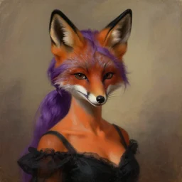 a woman with black fox ears on top of her head, and a fox nose over her face, she has purple hair tied up in to a ponytail, she has orange tanned skin, and is wearing a black dress. painted artwork by william - adolphe bouguereau, furry art, fur - affinity, deviant art