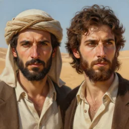 highly detailed painting of two jews in the desert, extremely well detailed faces, unreal engine, greg rutkowski, ilya kuvshinov, ross draws, tom bagshaw, tom whalen, nicoletta ceccoli, mark ryden