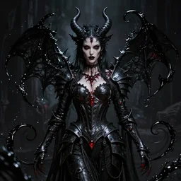 masterpiece portrait of an beautiful satanic demon with gothic armor, surrounded by black liquid occult swirls, horror, dramatic lighting, h. r. giger, beksinski, alphonse mucha, artgerm, donato giancola, tom bagshaw, trending on cgsociety, octane render, 8 k