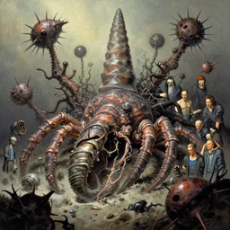concept inks for goliath mollusk with dangerous detritus barbed impobables by virgil finlay, jack kirby, b. wrightson, alberto bontempi, shigeru komatsuzaki, wayne d barlowe, alex ross, enric torres, simon bisley & boris vallejo, hyper realism, cinematical, narrative light, muted colors, epic, hyper