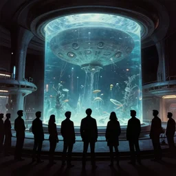 1970's sci-fi comic book art of silhouettes watching a large alien aquarium by Syd Mead. fancy futuristic architecture. highly detailed illustration. beautiful dark moody lighting.