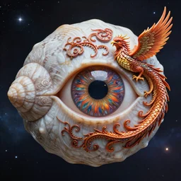 hyper realistic photograph of a marble statue of the human eye in the shape of snail shell, space background, unlimited detail, colored, space, dragon, intricate, detail, phoenix, orange
