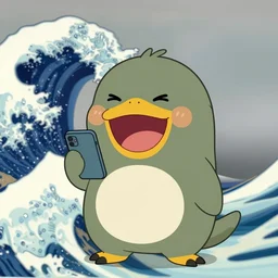 animated platypus laughing and holding phone, Hokusai
