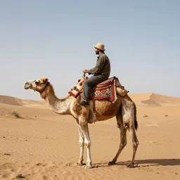 a camel riding a human in the desert
