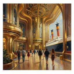 a busy crowd walking through the hallway on the atlantis paradise, a retro futuristic spaceship made of brass bronze gold, art deco influence, hotel style design. bioshock, starship titanic. clean, well composed painting by artgerm and greg rutkowski