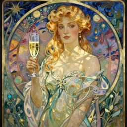 blonde with champagne glass. art by mucha and hingre, colorful