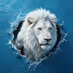 a male anthro muscular albino lion's face breaching through a wall of water, headshot, water sprites, splashing, deep blue ocean, highly detailed, realistic digital art, trending on artstation, character design by charlie bowater, ross tran, artgerm, and makoto shinkai, detailed, inked, western comic book art, 2 0 2 1 award winning painting