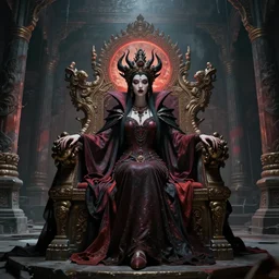 vampire queen sitting on a throne in the abandoned buddhist temple, omnious, eerie, magnificent, wow, intricate, by nicola samori, by ryoji ikeda
