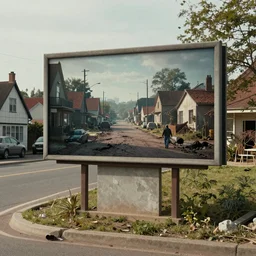 a picture of a street in a rural town with a billboard, the picture on the billboard is the same picture taken in a dystopian future where climate change ruined the town
