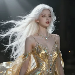 beautiful lady, long white hair blowing in the wind, iridescent and gold dress, crystal jewelry, elegant, highly detailed, digital painting, matte, glowing particles, misty, dark background, cinematic lighting, god rays, smooth, sharp focus, art by artgerm, greg rutkowski, alphonse mucha, frank frazetta, boris vallejo, bouguereau, beksinski.