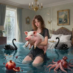 tall emo girl holding a pig in her flooded bedroom, pomegranates, octopus, luxury apartment, art on the walls, surreal photography, fish, zen, waterfall, black swans, canoe, berries, surrealist, digital painting, artstation