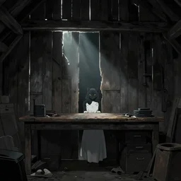 style : disco elysium. composition : medium shot. style : digital art ; detailed ; menacing ; 4 k. scenery : the inside of a dark barn ; a faint ray of light is shining through a crack in the planks. subject : a cat hiding behind a workbench ; dark hair ; wearing a white dress.