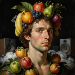 a close - up portrait of a futuristic tropical man with colorful airborne fruit, speakers, and clouds. studio lighting. black background. highly detailed science - fiction painting by norman rockwell, moebius, frank frazetta, syd mead, and giuseppe arcimboldo. rich colors, high contrast. renaissance masterpiece. artstation