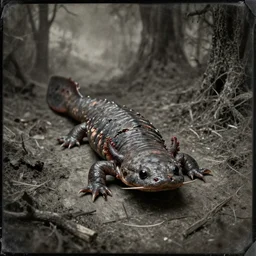 rotten salamander,in the style of Beksiński and Patrick J. Jones and Judson Huss,trending on artstation, uncanny lighting first-person view,Dreamworks ,Sabattier filter ,gothic ,tintype photo,oil and canvas ,