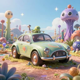 A fancy alien car!! abandoned on a magical biome full of oddities, slimy plants, goofy, sparky, full sun, positive vibes, behance, artstation, unreal render, unreal engine 5, octane, smooth, 8k