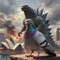 Stunning Hyperealistic portrait of a pigeon as Godzilla destroying Sydney city