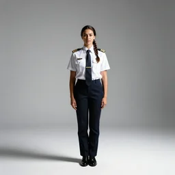 braided-hair pilot in uniform, studio photography, full body, standing, isolated on a pure white background, centered, whole figure in frame, sharp focus, studio lighting