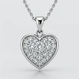 A silver peach heart necklace pendant set with diamonds, front photo, 3D rendering