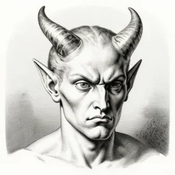 portrait of a frowning handsome horned devil. modern masterpiece engraving by gustave dore, jean giraud, philippe druillet. extremely high details, perfect face, black and white