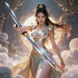 a beautiful female goddess of swords character, character is in all its glory, character is centered on the image, character is in heroic natural pose, rim lights, magic in the air, fancy clouds, highly detailed professional photo, dynamic lights, particles are flying, depth of field, trending on artstation, illustration, hyper realistic, vray caustics, super detailed, colorful accents, cinematic shot